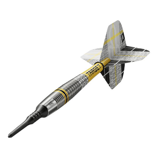 Target Scott Williams GEN2 zachte darts - 18g Das Bild zeigt einen Target Scott Williams GEN2 Softdart mit einem Gewicht von 18 Gramm. Der Dart hat ein silbernes Barrel mit gelben Akzenten und einen schwarz-gelben Flight.