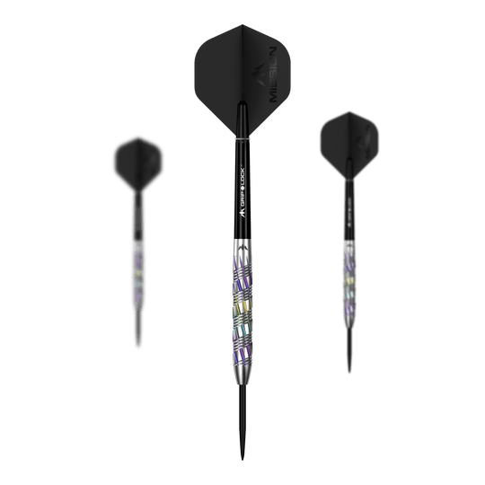 Mission Shuriken stalen pijlen Mission Shuriken Steeldarts werden auch als Set angeboten. Auf diesem Bild ist ein komplettes Set der Mission Shuriken Steeldarts abgebildet.