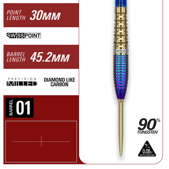 Target Japan Prime Series Zenith GEN2 Swiss Point Steel Darts - 23g Dies zeigt die Target Japan Prime Series Zenith GEN2 Swiss Point Steeldarts mit einem Gewicht von 23g. Das Bild hebt das Design und die Qualität der Darts hervor.