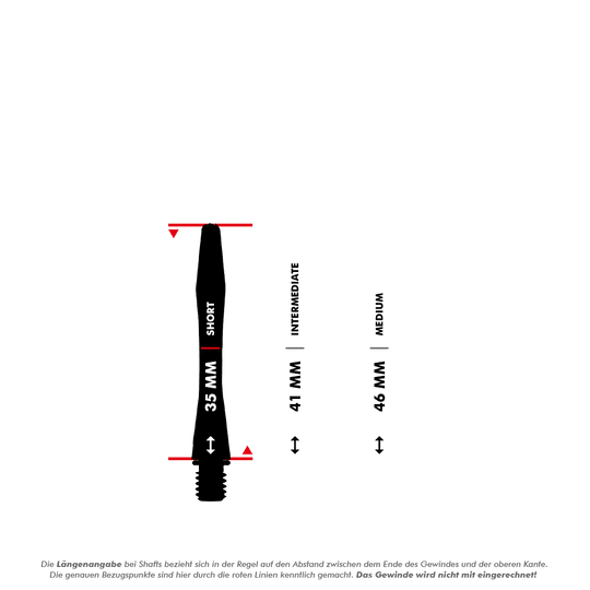 7012_Winmau_Astro_Aluminium_Shafts_5_35mmRxsWjmhSKShAE Das Bild zeigt die Längenangaben für Dart-Shafts mit den Größen Short (35 mm), Intermediate (41 mm) und Medium (46 mm). Die roten Linien markieren die Messpunkte, wobei das Gewinde nicht mit eingerechnet wird.