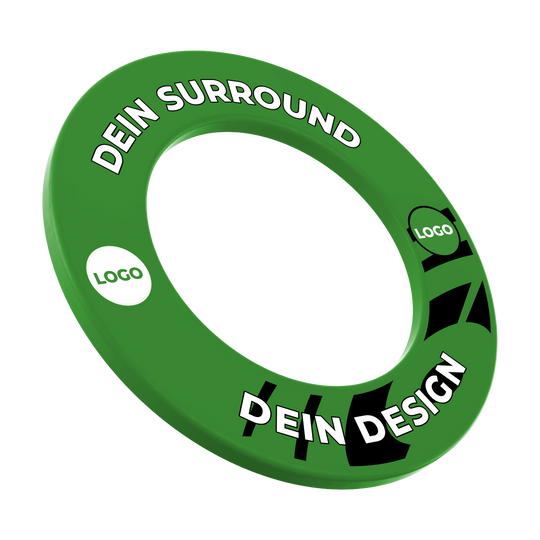 Dartbordomlijsting met uw eigen ontwerp Hier ist ein grünes Dartboard-Surround mit Wunschdruck abgebildet. Es ist aus einer anderen Perspektive aufgenommen.