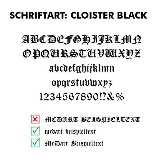 Flightdruck_Schriftart_Cloister_Blackopc4EVY6x4RB7 Das Bild zeigt die Schriftart "Cloister Black" mit Beispielbuchstaben und -zahlen. Unten werden richtige und falsche Schreibweisen für personalisierten Text angezeigt.