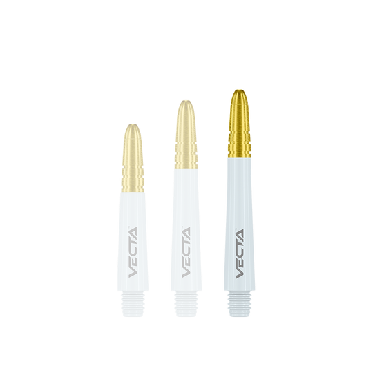 Winmau Vecta Shafts - Weiß Gold Auf dem Bild sind drei Dartshafts in Weiß und Gold zu sehen. Sie haben das Wort "VECTA" aufgedruckt und unterscheiden sich in der Länge.
