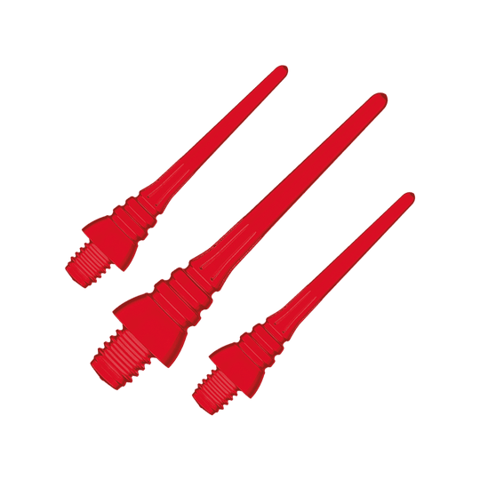Winmau Triton Softtip Points Softdartspitzen (50-er Pack) Das Bild zeigt drei rote Softdartspitzen mit Gewinde. Sie sind nebeneinander angeordnet und vollständig sichtbar.
