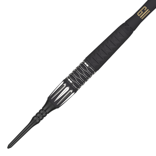Das Bild zeigt einen Target Phil Taylor RAW Power 9Five GEN11 Softdart. Der Dartpfeil ist schwarz mit silbernen Akzenten und hat ein modernes, griffiges Design.