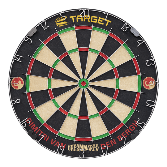 Target Dimitri Van Den Bergh stalen dartbordset Das Bild zeigt eine Steeldartscheibe mit dem Namen "Target Dimitri Van Den Bergh Steeldartboard Set". Am unteren Rand steht der Schriftzug "Dimitri Van Den Bergh" und in der Mitte unten "Dreammaker".