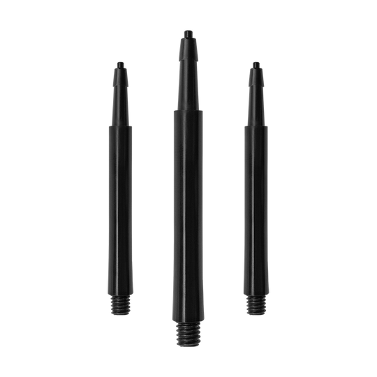HRC12619_Harrows_Clic_Standard_Shafts_Schwarz_37mm_1 Das Bild zeigt drei schwarze Harrows Clic Standard Shafts für Darts. Sie sind aus Kunststoff und haben am unteren Ende ein Schraubgewinde.