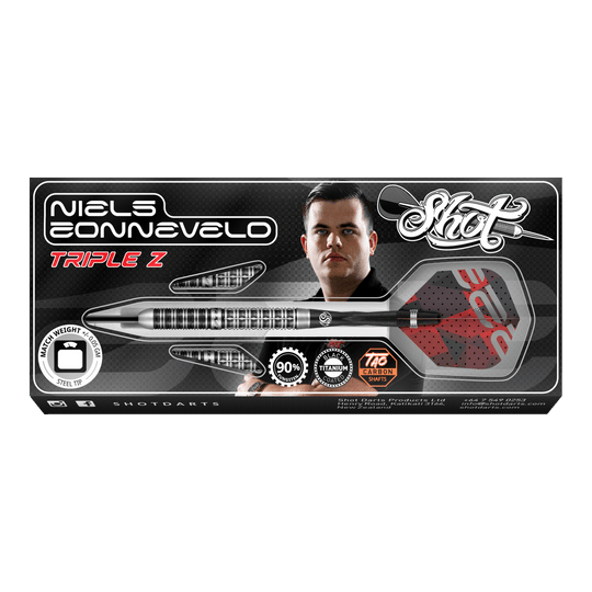 Shot van Niels Zonneveld V2 stalen darts Auf dem Bild ist die Verpackung der "Shot Niels Zonneveld V2 Steeldarts" zu sehen. Die Verpackung zeigt einen Dartpfeil, das Logo und ein Porträt von Niels Zonneveld.