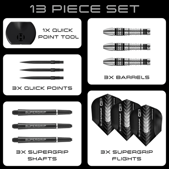 Harrows Supergrip Bomb Quick Point stalen dartpijlen Hier sind die Harrows Supergrip Bomb Quick Point Steeldarts zu sehen. Die Darts eignen sich hervorragend für präzises Spiel.