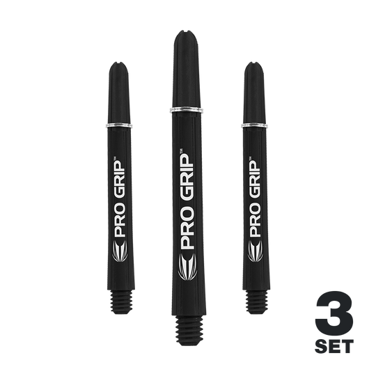 Target Pro Grip Shafts - 3 sets - Zwart Das Bild zeigt drei schwarze Dartschäfte der Marke "Pro Grip". In der rechten unteren Ecke steht "3 Set".
