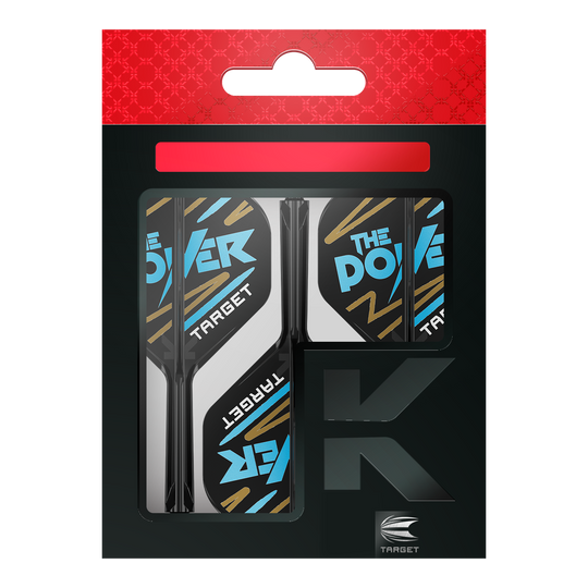 Target K-Flex Phil Taylor No2 Standaard Vluchtas Systeem Das Bild zeigt eine Packung „Target K-Flex Phil Taylor No2 Standard Flights“. Die Flights sind überwiegend schwarz und weiß mit blauen und goldenen Akzenten und der Aufschrift „The Power“.