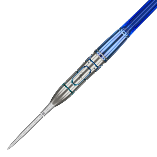 Das Bild zeigt den Target Japan Haruki Muramatsu GEN9 No Groove Swiss Point Steeldart mit 23g Gewicht. Der Dartpfeil hat ein modernes Design mit blauen Akzenten und einer glatten, silbernen Oberfläche.