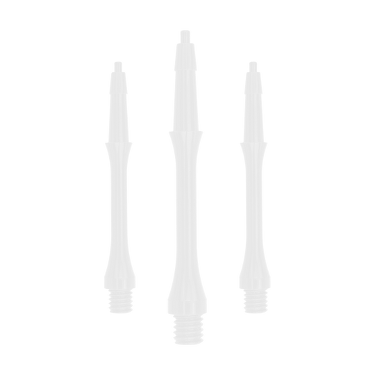Das Bild zeigt drei weiße, schlanke Dartschäfte der Marke Harrows Clic Slim. Die Schäfte sind aufrecht nebeneinander angeordnet und haben ein schlichtes, elegantes Design.