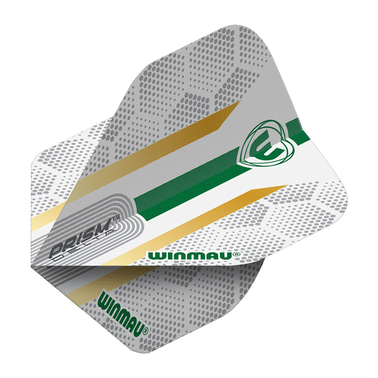 Auf dem Bild ist ein Dart-Flight des Modells "Winmau Prism Delta Xenon No2 Standard" zu sehen. Das Flight ist weiß mit grauen, goldenen und grünen Akzenten sowie dem Winmau-Logo gestaltet.