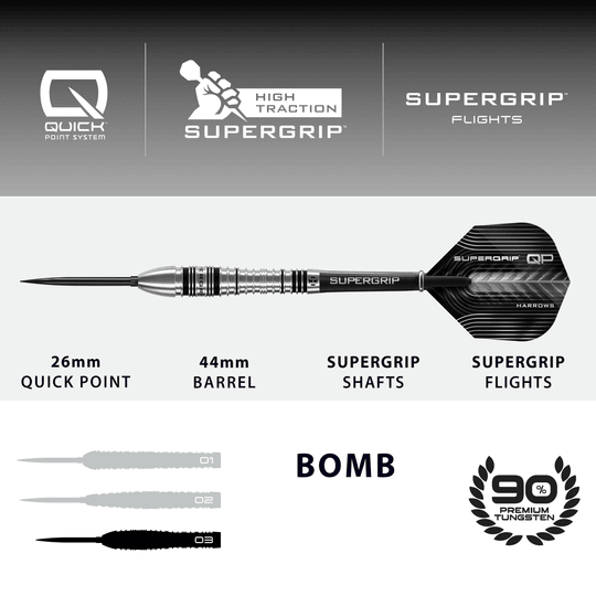 Harrows Supergrip Bomb Quick Point stalen dartpijlen Dies ist ein Bild der Harrows Supergrip Bomb Quick Point Steeldarts. Die Steeldarts zeichnen sich durch ihren besonders guten Grip aus.