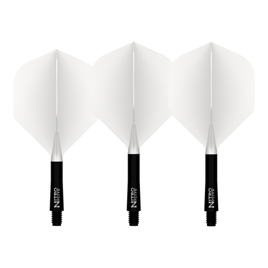 Red Dragon Nitroflite zwarte schacht witte flights nr. 2 Abgebildet ist der Red Dragon Nitroflite Black Shaft White Flights No2. Es handelt sich um einen Dart-Schaft in Schwarz mit weißen Flights.