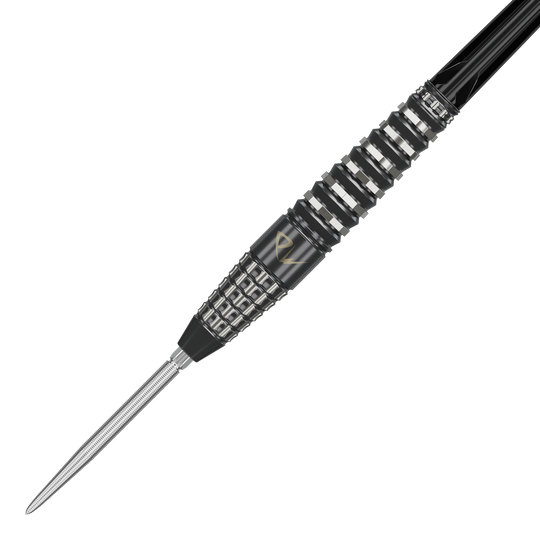 Das Bild zeigt den Target Japan Black Marque PW Swiss Point Steeldart. Der Dartpfeil ist schwarz-silber und hat ein markantes, strukturiertes Griffdesign.