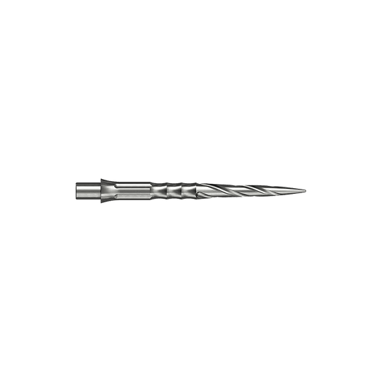 Caliburn System stalen dartpunten - Spiro - NoLip - zilver Hier sind silberne Steeldartspitzen des Caliburn Evo Systems mit Spiro-Design und 28 mm Länge abgebildet. Zwei dieser Spitzen liegen nebeneinander.