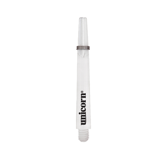 Unicorn Gripper 3 Mirage Shafts - Transparant - 44,2 mm Das Bild zeigt einen klaren Unicorn Gripper 3 Mirage Shaft mit einer Länge von 44,2 mm. Auf dem Schaft ist das schwarze "unicorn" Logo zu sehen.