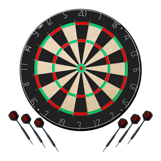 Karella Dartboard BullOut Set inclusief 2 sets stalen darts Das Bild stellt das Karella Dartboard BullOut Set mit zwei Sets Steeldarts dar. Es bietet alles, was man für ein direktes Dartspiel benötigt.