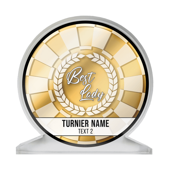 ACP-BL_Acrylglas_Pokal_mit_Wunschdruck_Text_BestLadyGold_1 Auf dem Bild ist ein runder Acrylglas-Pokal mit goldenen Verzierungen zu sehen. In der Mitte steht „Best Lady“ und darunter können ein Turniername und ein weiterer Text individuell eingefügt werden.