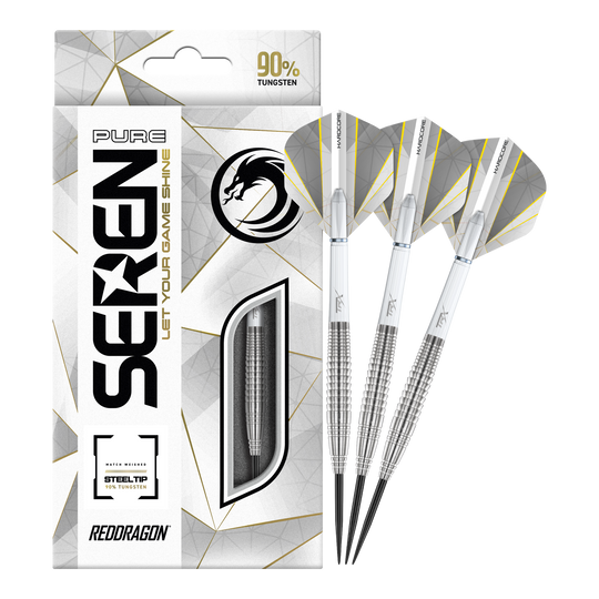 Das Bild zeigt die "Red Dragon Seren 4 Pure Steeldarts" mit einer eleganten Verpackung. Drei silberne Steeldarts mit weißen Flights liegen neben der Packung, die 90% Tungsten hervorhebt.