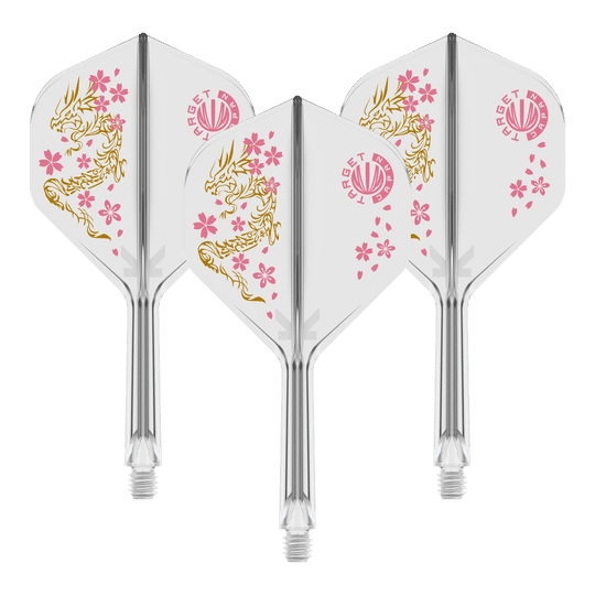Das Bild zeigt drei Dartflights des Produkts "Target Japan K-Flex Smash No2 Standard Flight-Shaft-System". Die Flights sind weiß mit einem goldenen Drachendesign und rosa Kirschblüten verziert.