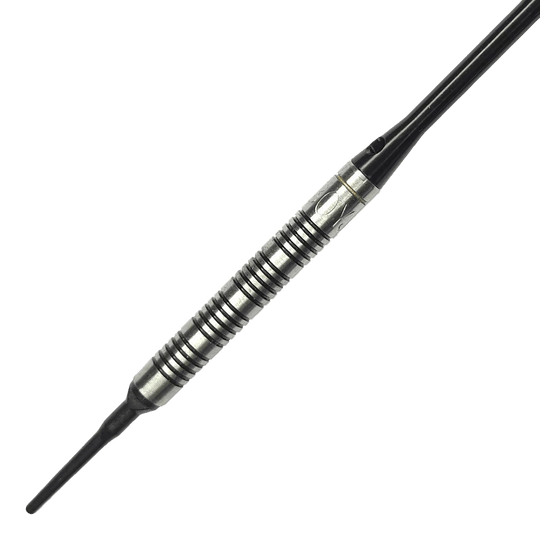 McDart 85 Wolfraam V17 Softdarts - 16,5 g Das Bild zeigt einen McDart 85er Tungsten V17 Softdart mit einem Gewicht von 16,5g. Der Dart hat ein silber-schwarzes, griffiges Barrel und eine schwarze Spitze.