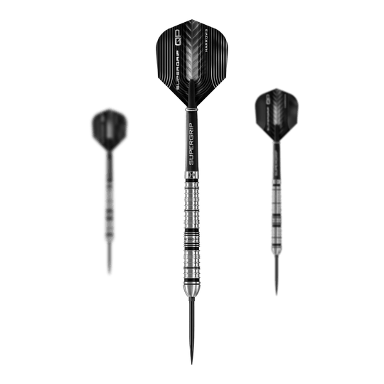 Harrows Supergrip Tapered Quick Point stalen dartpijlen Das Produktbild präsentiert die Harrows Supergrip QP Tapered Quick Point Steeldarts. Diese Darts zeichnen sich durch ihre spezielle Form und hochwertige Verarbeitung aus.