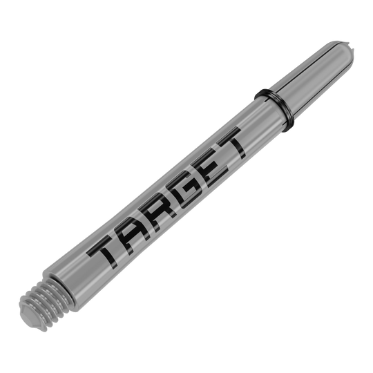 Das Bild zeigt einen grauen Dart-Schaft mit der Aufschrift „TARGET“. Der Schaft hat ein Gewinde an einem Ende und einen Gummiring in der Mitte.