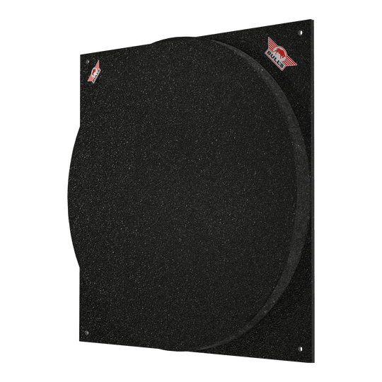Das Bild zeigt das Produkt "Bulls NL Dartboard Silencer". Es handelt sich um eine schwarze Schallschutzmatte für eine Dartscheibe.