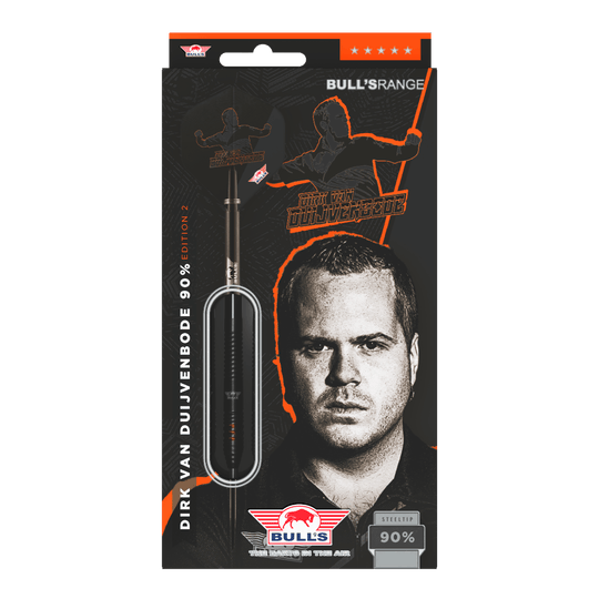 Bulls NL Dirk Van Duijvenbode Editie 2 stalen darts Die Abbildung zeigt die Verpackung der "Bulls NL Dirk Van Duijvenbode Edition 2 Steeldarts". Auf der Verpackung ist ein Bild von Dirk Van Duijvenbode sowie ein Dartpfeil zu sehen.