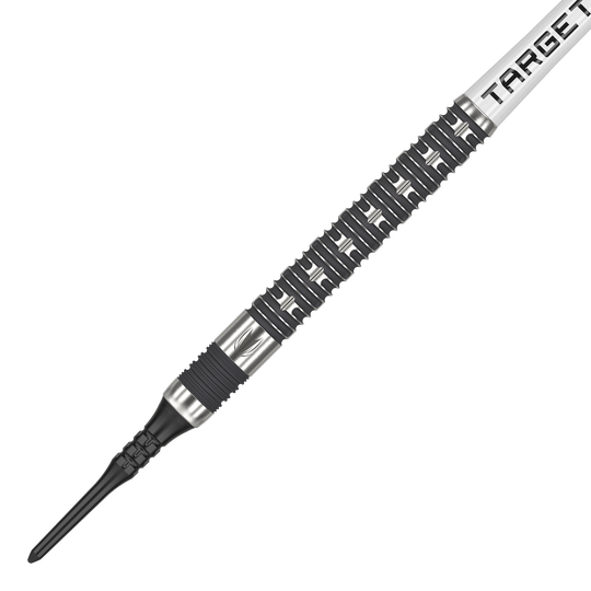 Target Chris Dobey Hollywood Action Softdarts - 20g Das Bild zeigt einen Softdart aus der Serie "Target Chris Dobey Hollywood Action Softdarts - 20g". Der Dart hat ein markantes, silber-schwarzes Design mit einem strukturierten Griff.