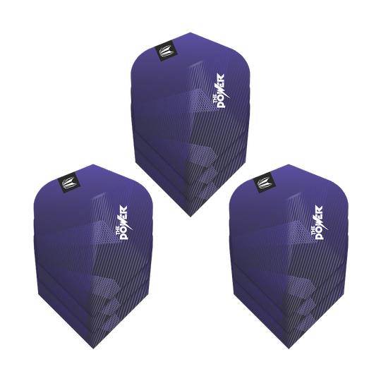 Target Pro Ultra Phil Taylor Power GEN10 Tien-X-vluchten - 3 sets Das Bild zeigt drei Sätze der Target Pro Ultra Phil Taylor Power GEN10 Ten-X Flights. Die Flights sind überwiegend lila mit weißen Schriftzügen und grafischen Mustern gestaltet.