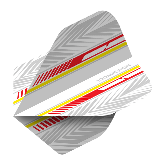 Pentathlon Vluchten wit/rood/geel Das Bild zeigt die Pentathlon White Red Yellow No2 Standard Flights. Die Flights sind überwiegend weiß und grau mit roten und gelben Akzenten sowie einem modernen Muster.