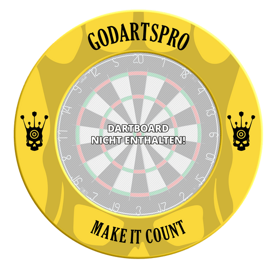 Go Darts Pro Dartbord Surround Abgebildet ist ein gelber Dartboard-Surround aus der GoDartsPro-Serie. Das Produkt bietet Schutz für die Wand und das Dartboard.