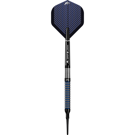 Mission Nightfall Model 1 zachte darts Das Bild zeigt einen Softdart namens "Mission Nightfall Model 1". Der Dart hat schwarze und blaue Akzente sowie eine strukturierte Griffzone.