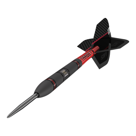 Target Scope 02 Swiss Point stalen darts Das Bild zeigt den Target Scope 02 Swiss Point Steeldart. Der Dartpfeil hat ein schwarzes und rotes Design mit einer metallischen Spitze und schwarzen Flights.