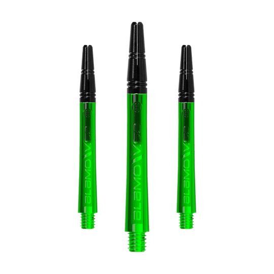 Harrows Alamo VS2 Shafts - Groen Ein Set langer Dart-Schäfte mit glänzender Textur ist zu sehen. Die Schäfte liegen sortiert nebeneinander.