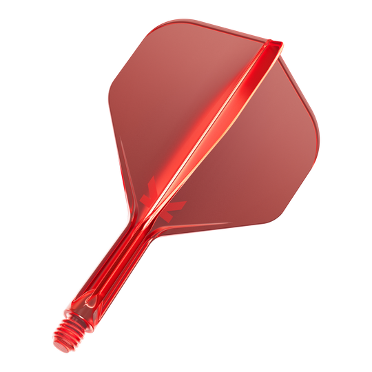 Target K-Flex No2 Standaard Vluchtsysteem - Rood Das Bild zeigt eine rote Dartflügel-Kombination mit integriertem Schaft. Die Oberfläche ist glänzend und leicht transparent.