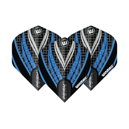 Winmau Prism Delta Zwart Wit Blauw Nr. 2 Standaardvluchten Das Bild zeigt drei Dart-Flights des Modells "Winmau Prism Delta" in Schwarz, Weiß und Blau. Die Flights haben ein modernes, gemustertes Design mit den Markenaufschriften "Winmau" und "Prism Delta".