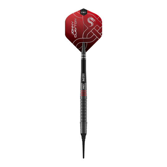 Red Dragon Jonny Clayton RD-ADV softdarts - 18 g Das Bild zeigt die Red Dragon Jonny Clayton RD-ADV Softdarts - 18g. Ein einzelner Softdart wird von oben präsentiert.