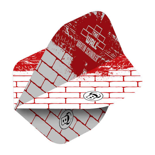 Das Bild zeigt ein Dartflight im roten und weißen Ziegelstein-Design mit der Aufschrift "The Wall Martin Schindler". Das Produkt ist ein Bulls Metrixx Martin Schindler White Red No2 Standard Flight.