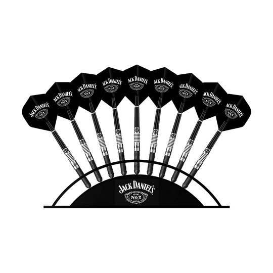 JD7020_Mission_Jack_Daniels_Arc_Darts_Display_2 Das Bild zeigt einen Bogenständer mit neun schwarzen Jack Daniels Darts. Auf jedem Dart ist das Jack Daniels Logo zu sehen.