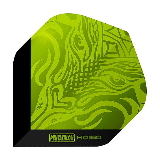 Pentatlon HD150 Metallic Green Standaardvluchten Das Bild zeigt ein Dart-Flight mit dem Namen "Pentathlon HD150 Metallic Grün Standard Flights". Das Flight ist grün mit einem abstrakten Muster und hat am Rand einen schwarzen Streifen mit gelber Schrift.