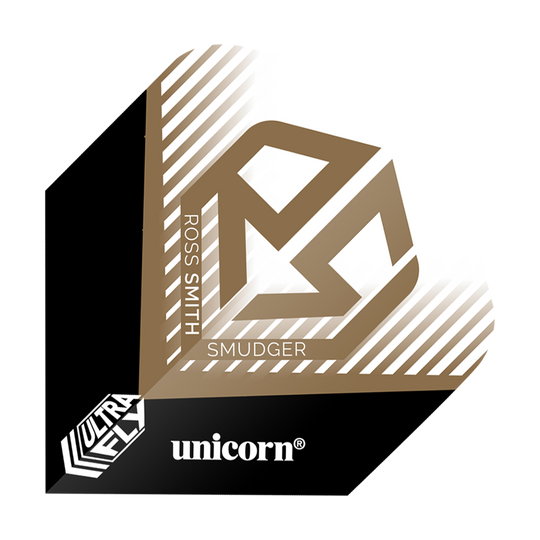 Unicorn Ultrafly 100 Ross Smith Plus-vluchten Das Bild zeigt ein Dartflight mit dem Namen "Unicorn Ultrafly 100 Ross Smith Plus Flights". Es ist in Schwarz, Weiß und Gold gestaltet und trägt den Namen "Ross Smith" sowie das Logo "Unicorn".