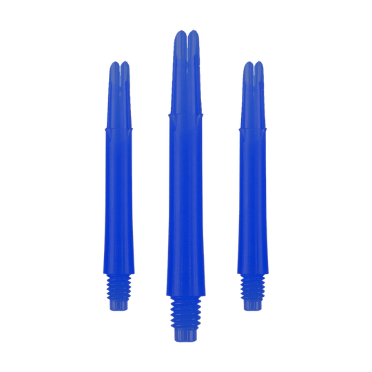 L-L-Style-Shafts Locked Straight - Blauw Auf dem Bild sind drei blaue, gerade Dartschäfte zu sehen. Sie haben ein Schraubgewinde am unteren Ende und sind in einer Reihe angeordnet.