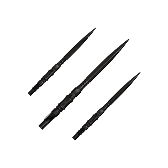 Axis Black Elite Series Dartspitzen in 35mm werden gezeigt. Die Spitzen sind schwarz und filigran.
