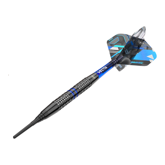 Winmau Galactics zachte darts - 20g Das Bild zeigt einen Winmau Galactics Softdart mit einem Gewicht von 20 Gramm. Der Dart ist überwiegend schwarz mit blauen Akzenten und verfügt über ein modernes Design.
