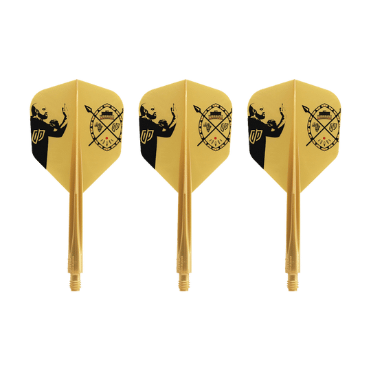 Das Bild zeigt drei gelbe Dart-Flights mit schwarzem Motiv und Aufdruck. Es handelt sich um das Produkt "Condor AXE Devon Petersen Inspiration Flight-System - Small".